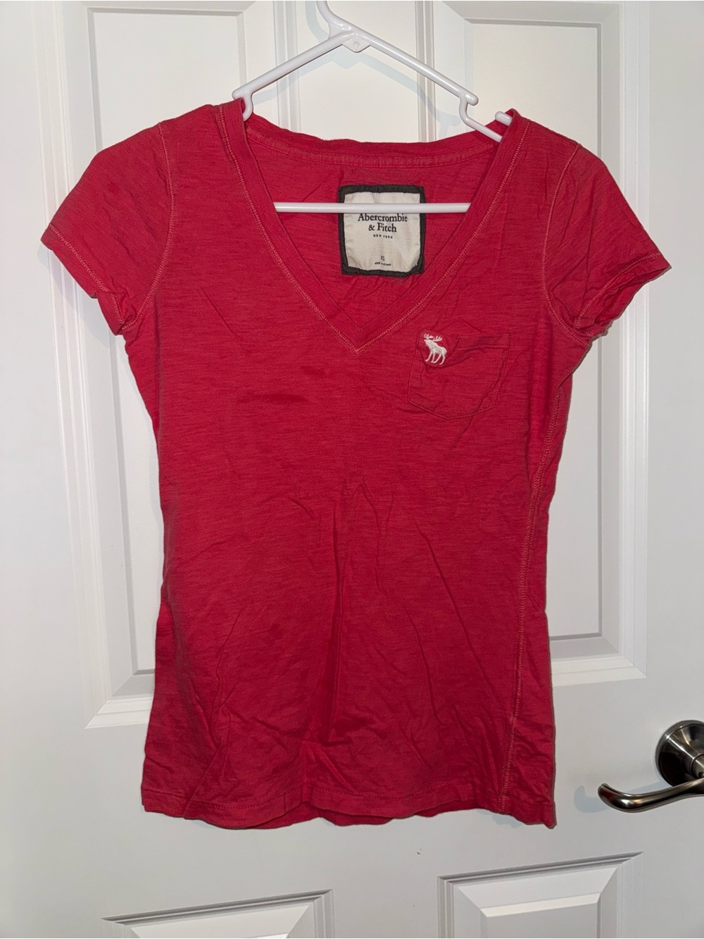 Abercrombie & Fitch Women's Crimson Red V-Neck Pocket Tee